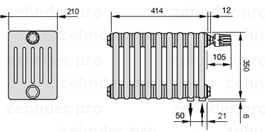 Схема (чертеж) Радиатор Zehnder Charleston 6035/9 №V002 Белый глянцевый RAL 9016